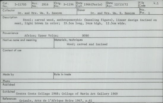 Documentation associated with Hearst Museum object titled Stool (seating furniture), accession number 5-11705, described as Stool; carved, anthropomorphic (kneeling figure), linear design incised on seat, light brown in color.