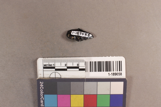 Hearst Museum object titled Projectile point, accession number 1-189058, described as obsidian projectile point; contracting stem; l. 2.3cm