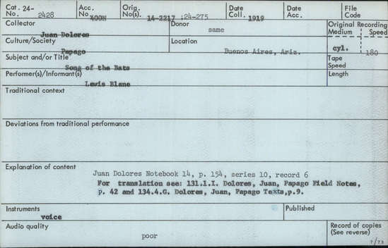 Documentation associated with Hearst Museum object titled Audio recording, accession number 24-2428, described as Song of the Bats Notebook 14, p.154 Series 10, Record 6