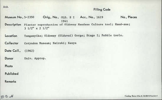 Documentation associated with Hearst Museum object titled Plaster cast, accession number 5-2350, described as Plaster reproduction of Olduvai Handaxe Culture tool; handaxe
