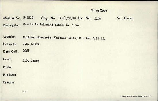 Documentation associated with Hearst Museum object titled Polyhedral, accession number 5-5527, described as Quartzite polyhedral; L. 7 cm