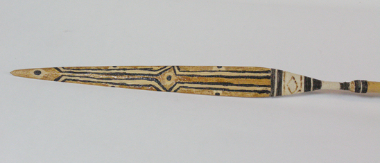 Hearst Museum object titled Arrow, accession number 16-9853, described as Arrow; dia; cane shaft with leaf-shaped bamboo point; feathered; point decorated with painted designs; 57.5 inches long.