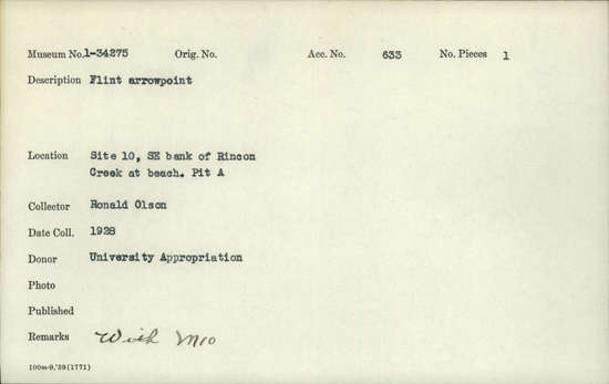 Documentation associated with Hearst Museum object titled Projectile point, accession number 1-34275, described as Flint arrowpoint