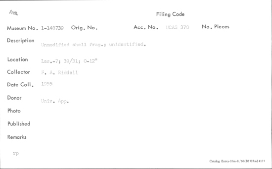 Documentation associated with Hearst Museum object titled Shell, accession number 1-148739, described as Unmodified, unidentified.