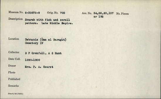 Documentation associated with Hearst Museum object titled Scarab, accession number 6-20879, described as scarab with fish and scroll pattern. Late Middle Empire