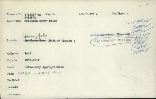 Documentation associated with Hearst Museum object titled Projectile point, accession number 1-19503, described as Obsidian arrow point
