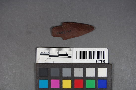 Hearst Museum object titled Point, accession number 1-17993, described as Red stone point, tip broken.