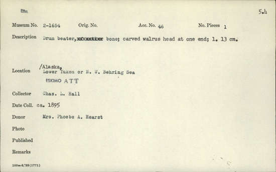 Documentation associated with Hearst Museum object titled Drum beater, accession number 2-1654, described as Drum beater. Made of bone.  Carved walrus head at one end.