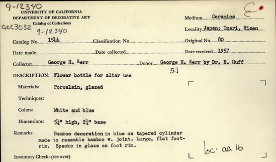 Documentation associated with Hearst Museum object titled Vase, accession number 9-12340, described as Flower vase, porcelain, for altar use (?). Narrow tapered cylinder with base, made to look like bamboo section with joint. Blue underglaze decoration of bamboo. Specks on base. Recessed foot under base. Height 13.5 cm, Base diameter 6cm. From Japan, Saga Prefecture (Hizen Province), Arita, "Imari" ware.