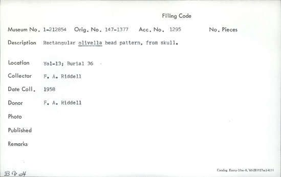 Documentation associated with Hearst Museum object titled Bead pattern, accession number 1-212854, described as Rectangular olivella bead pattern.