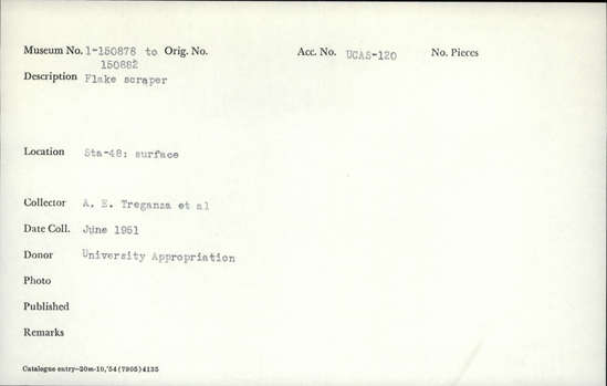 Documentation associated with Hearst Museum object titled Flake scraper, accession number 1-150880, described as flake scraper.