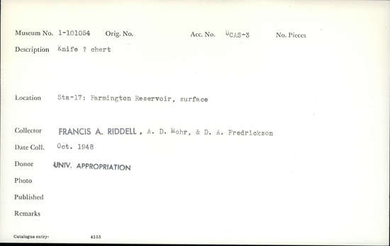 Documentation associated with Hearst Museum object titled Knife, accession number 1-101054, described as Knife (?), chert.