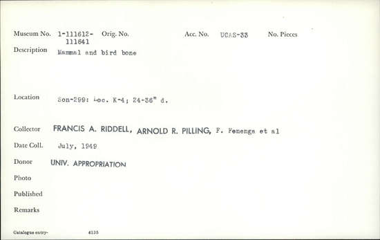 Documentation associated with Hearst Museum object titled Faunal remains, accession number 1-111623, described as Mammal and bird.