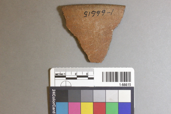 Hearst Museum object titled Tray fragment, accession number 1-66615, described as potsherd, Salton Brown (residual clay), tray rim