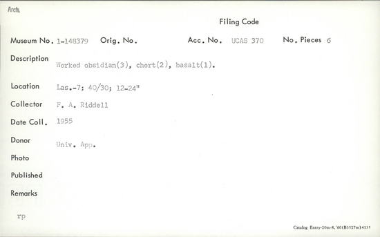 Documentation associated with Hearst Museum object titled Lithic, accession number 1-148379, described as Worked obsidian (3), chert (2), basalt (1).