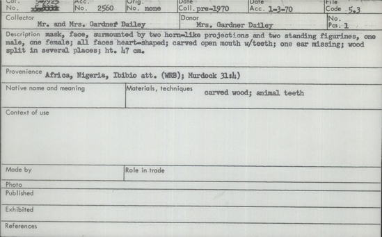 Documentation associated with Hearst Museum object titled Carved wooden mask with two human effigies on top, accession number 5-9925, described as Mask, face, surmounted by two horn-like projections and two standing figurines, one male, one female; all faces heart-shaped; carved open mouth with teeth; one ear missing; wood split in several places; height 47 cm