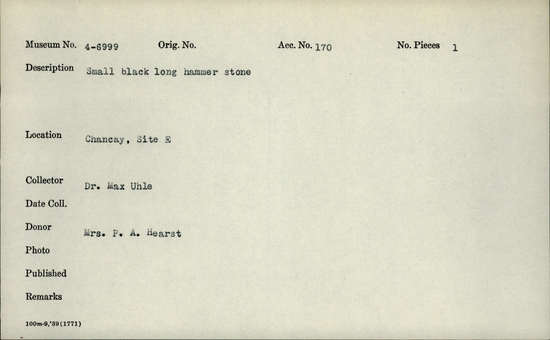 Documentation associated with Hearst Museum object titled Hammer, accession number 4-6999, no description available.