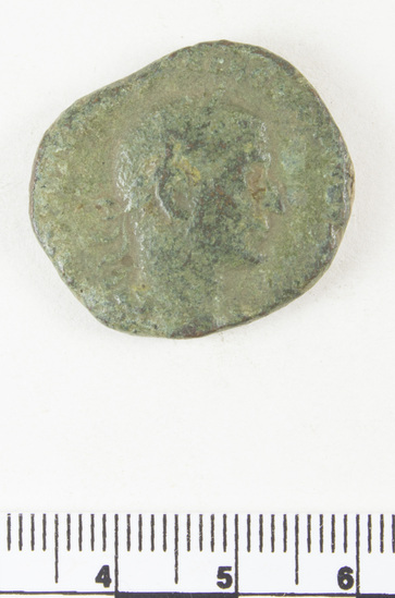 Hearst Museum object 2 of 5 titled Coin: æ sestertius, accession number 8-6497, described as Coin: Sestertius; Æ; Uncertain - 14.0 gm.