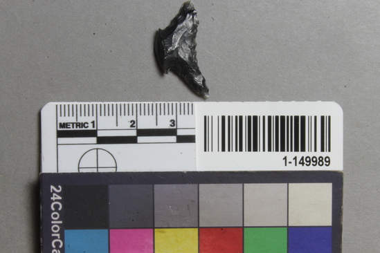 Hearst Museum object titled Projectile point fragment, accession number 1-149989, described as Obsidian. Expanding stem, corner notched, concave base. Fragment.