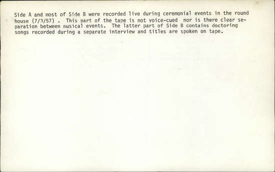 Documentation associated with Hearst Museum object titled Audio track, accession number 24-133.A.1, described as Tape. Kashaya songs: 3 Feather Dance songs, Feather dance, entrance song for Feather dance song, ditto all, Young Girl’s song, Girl’s Dance, ending “Table Dance”, another “Table Dance”, ending prelude to Doctor Dance, Doctor Dance, Lulumo Dance, Big Head dance. Performed by Essie and Sid Parrish, Johnnie Smith, Liz Sheridan.