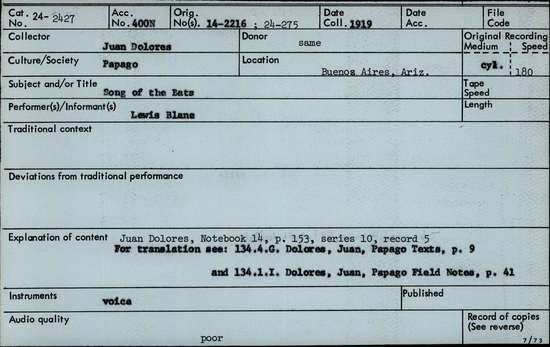 Documentation associated with Hearst Museum object titled Audio recording, accession number 24-2427, described as Song of the Bats Notebook 14, p.153 Series 10, Record 5