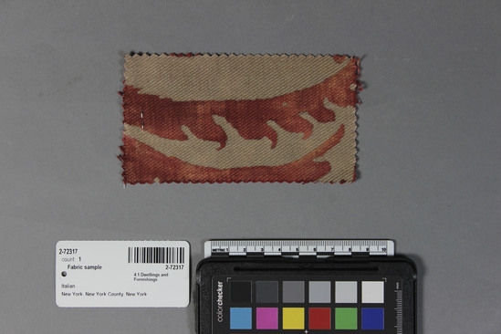 Hearst Museum object titled Fabric sample, accession number 2-72317, described as 100% long staple cotton sample, no. 5072, Glicine design, red and gold color, Fortuny Inc.