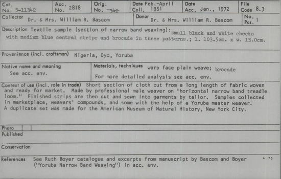 Documentation associated with Hearst Museum object titled Textile fragment, accession number 5-11342, described as textile sample (section of narrow band weaving): small black and white checks with medium blue stripe and brocade in three patterns.