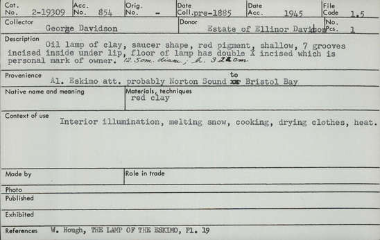 Documentation associated with Hearst Museum object titled Oil lamp, accession number 2-19309, described as Oil lamp of clay, saucer shape, red pigment, shallow, 7 grooves incised inside under lip, floor of lamp has double X incised which is personal mark of owner.