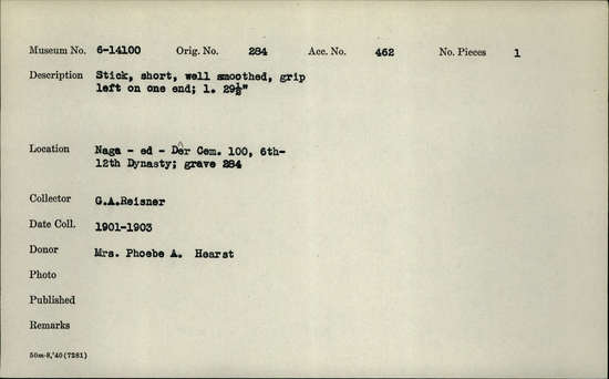 Documentation associated with Hearst Museum object titled Stick, accession number 6-14100, described as Stick, short, well smoothed, grip left on one end; length 29.5 inches.
