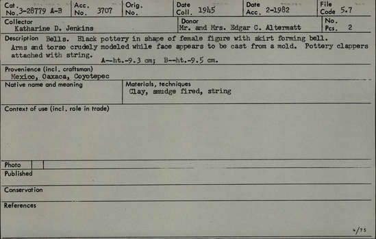 Documentation associated with Hearst Museum object titled Bells, accession number 3-28779a-b, described as Bells; black pottery in shape of female figure with skirt forming bell. Arms and torso crudely modeled while face appears to be cast from mold. Pottery clappers attached with strings. A) height 9.3 cm; B) height 9.5 cm.