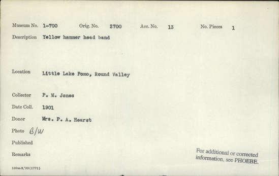 Documentation associated with Hearst Museum object titled Headband, accession number 1-700, described as Yellow hammer headband.