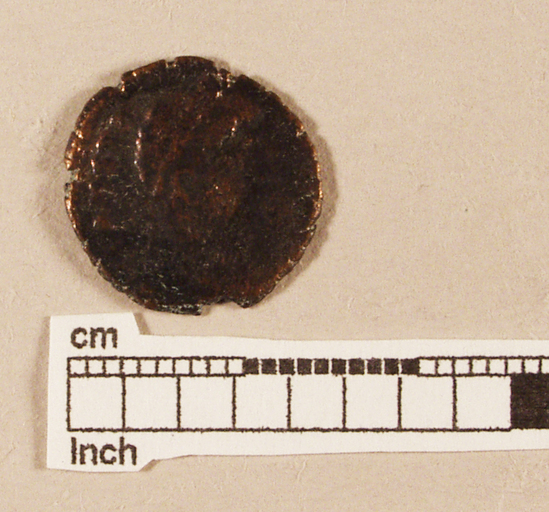 Hearst Museum object 1 of 8 titled Coin: æ 4, accession number 8-7336, described as Coin, AES Follis 4.         1.21 grams. 15mm. Obverse: Constantius II Reverse: Standard between 2 soldiers