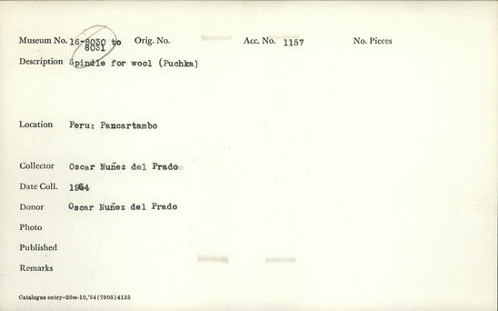 Documentation associated with Hearst Museum object titled Spindle (textile working equipment), accession number 16-8031, described as Puchka spindle for wool