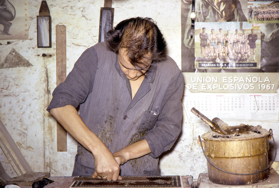 Hearst Museum object titled Color slide, accession number 25-20747, described as 35mm color transparency slide: Spain People: Granada. Craftsman (makes inlaid wood boxes).