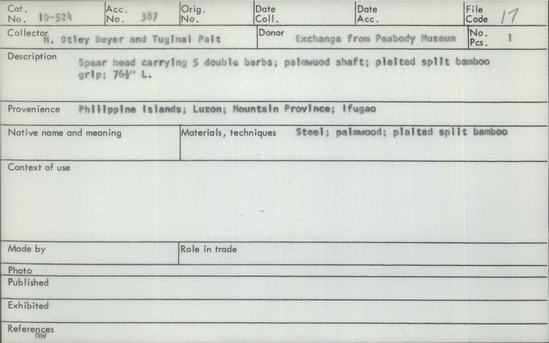 Documentation associated with Hearst Museum object titled Spear, accession number 10-524, described as Spear head carrying 5 double barbs; palmwood shaft; plaited split bamboo grip; 76 1/2” L.