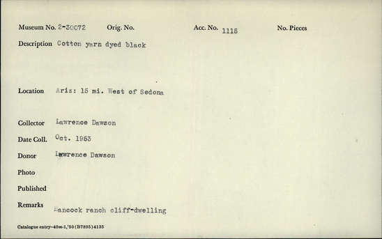 Documentation associated with Hearst Museum object titled Yarn, accession number 2-30072, described as Cotton yarn dyed black