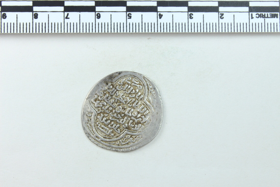 Hearst Museum object 4 of 6 titled Coin: ar double dirhem, accession number 9-7151, described as Silver coin, Double Dirhem, 4.25 gm (Ghazan-Uljaitu I weight standard)