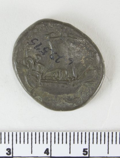 Hearst Museum object 8 of 10 titled Coin: billon tetradrachm, accession number 6-22575, described as head of Nero, left. radiate