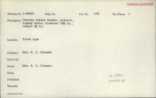 Documentation associated with Hearst Museum object titled Basket, accession number 1-28460, described as Overlay twined basket, shallow. Zigzag bands.