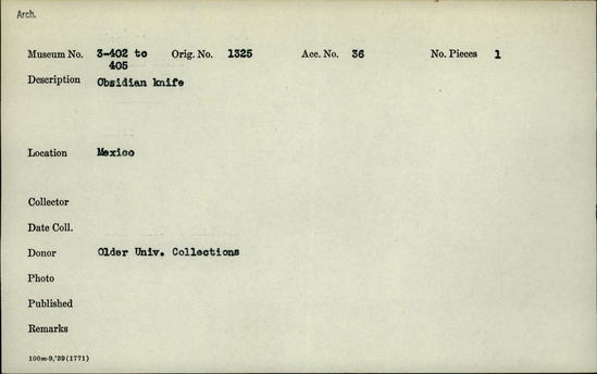 Documentation associated with Hearst Museum object titled Knife, accession number 3-402, described as Obsidian knife.