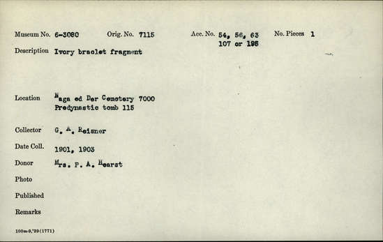 Documentation associated with Hearst Museum object titled Bracelet fragment, accession number 6-3080, described as Ivory bracelet fragment