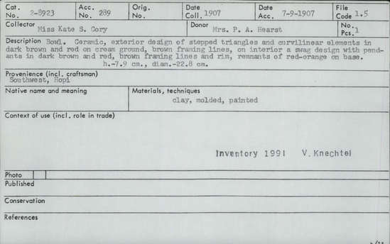 Documentation associated with Hearst Museum object titled Bowl, accession number 2-8923, described as Ceramic, exterior design of stepped triangles and curvilinear elements in dark brown and red on cream ground, brown framing lines, on interior a swag design with pendants in dark brown and red, brown framing lines and rim, remnants of red-orange on base. Molded, painted.