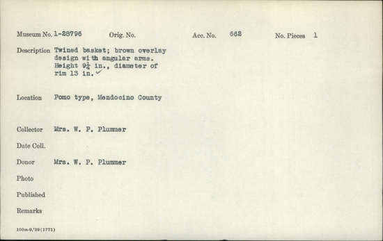 Documentation associated with Hearst Museum object titled Basket, accession number 1-28796, described as Twined. Brown overlay design with angular arms.