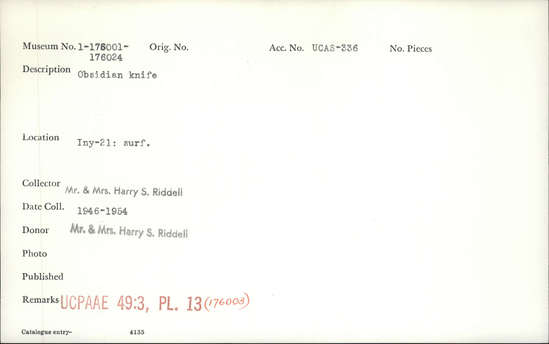 Documentation associated with Hearst Museum object titled Knife, accession number 1-176016, described as Obsidian.
