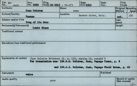 Documentation associated with Hearst Museum object titled Audio recording, accession number 24-2426, described as Song of the Bats Notebook 14, p.152 Series 10, Record 4