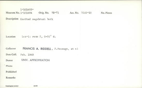 Documentation associated with Hearst Museum object titled Bark, accession number 1-101484, described as Knotted sagebrush bark.
