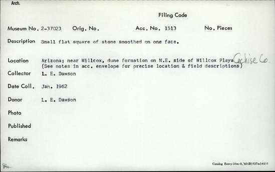 Documentation associated with Hearst Museum object titled Stone slab, accession number 2-37023, described as Small flat square of stone smoothed on one face