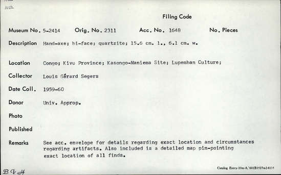 Documentation associated with Hearst Museum object titled Handaxe, accession number 5-2414, described as Hand-axe; biface; quartzite