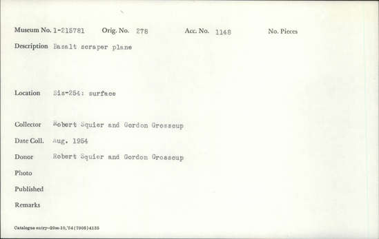 Documentation associated with Hearst Museum object titled Scraper plane, accession number 1-215781, described as Basalt scraper plane