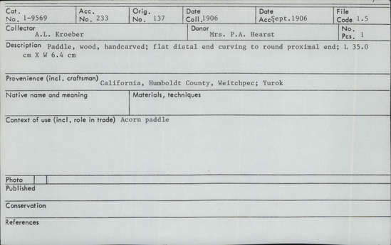 Documentation associated with Hearst Museum object titled Paddle, accession number 1-9569, described as Handcarved of wood.  Flat distal end curving to round proximal end.